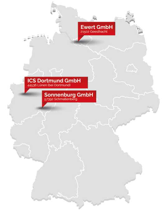 Deutschlandkarte mit 3 Ewert Standorten